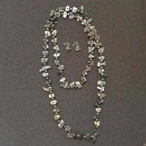 Long wooden black-stained necklace and earring set